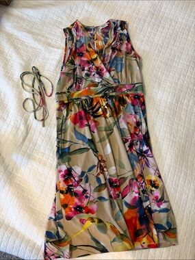 NorthStyle Beige Midi Wrap Dress with Multicolor Floral Print